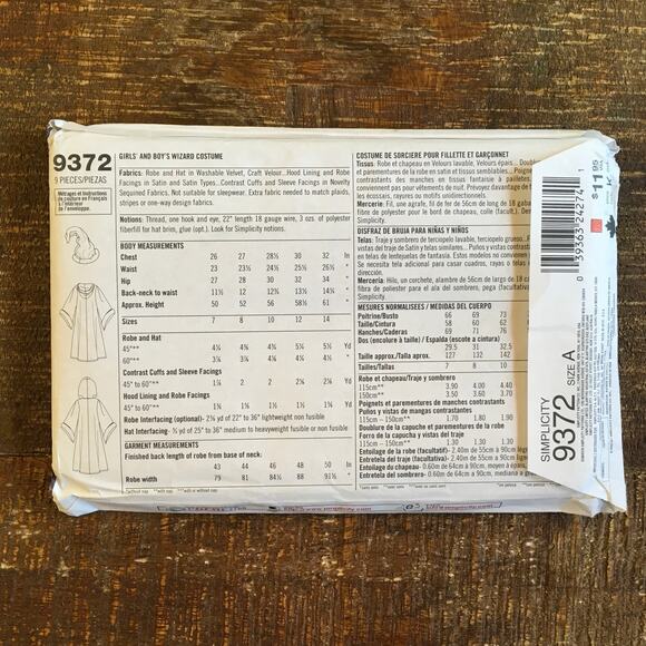 Simplicity Sewing Pattern 9372  Boys Girls Wizard Costume Harry Potter UNCUT - Picture 2 of 2